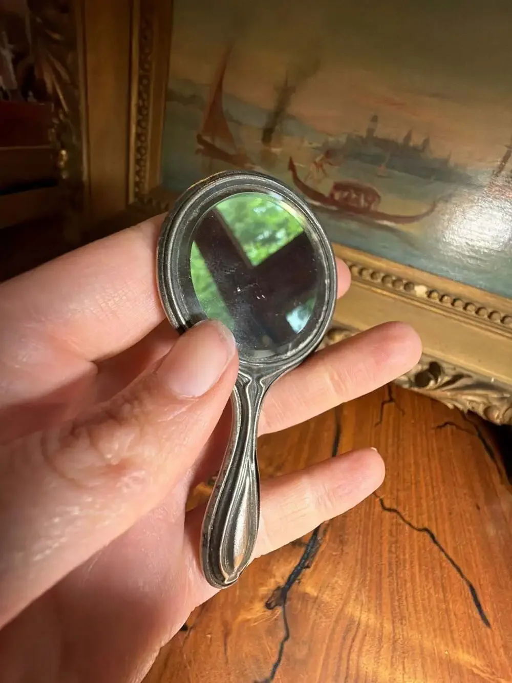 Vintage Fulton's Pharmacy First Anniversary Advertising Hand Mirror